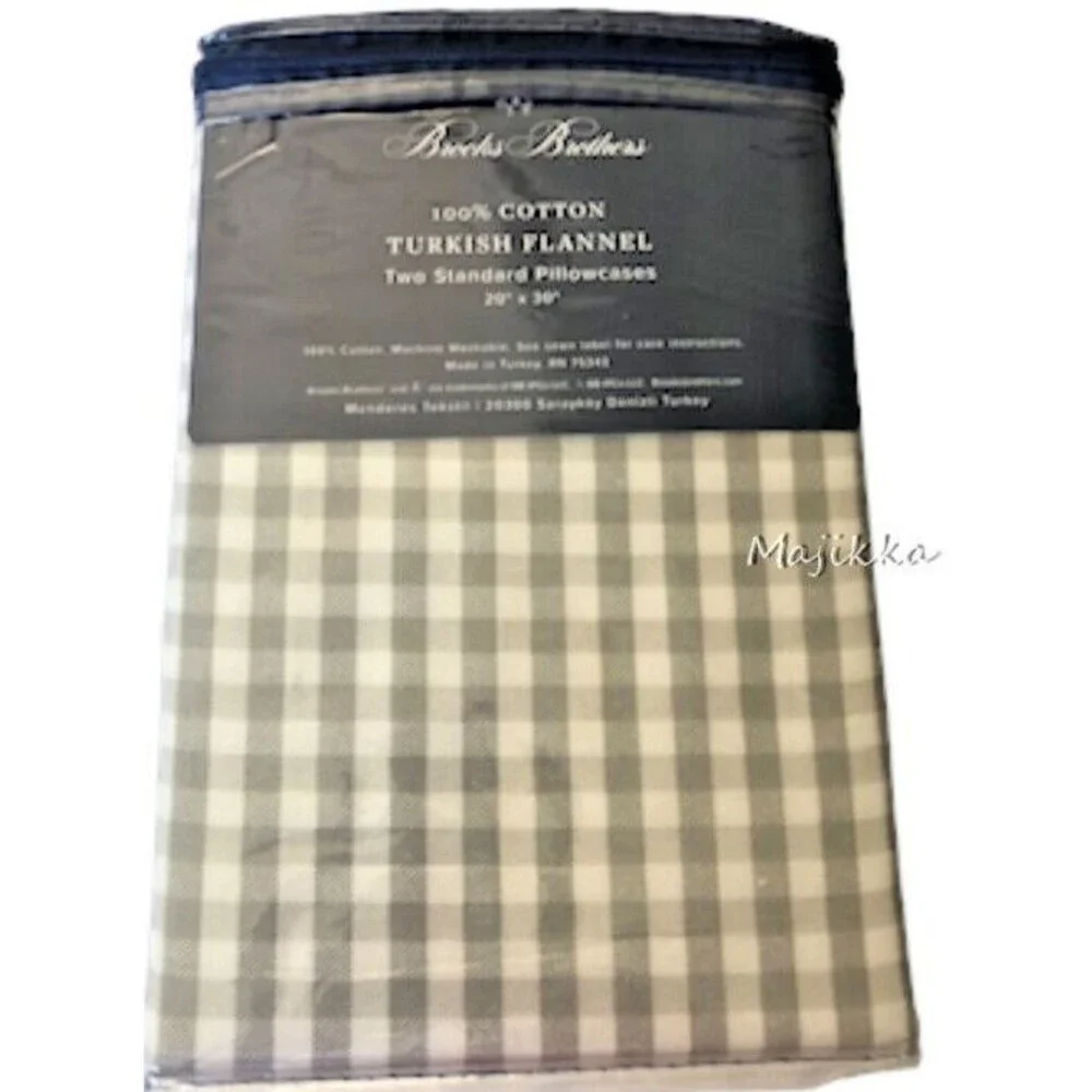 Brooks Brothers Turkish Flannel Standard Pillowcases Gray Check Plaid Set of 2